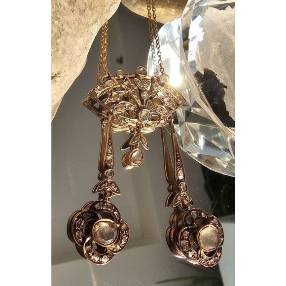 Antique Georgian 18k Yellow Gold Chandelier Rose Cut Diamond AMAZING Necklace - Picture 8 of 16